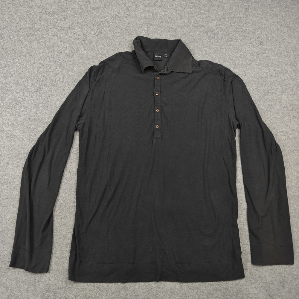 HUGO BOSS Polo Shirt Mens Large Black Cotton Spandex Long Sleeve Collared